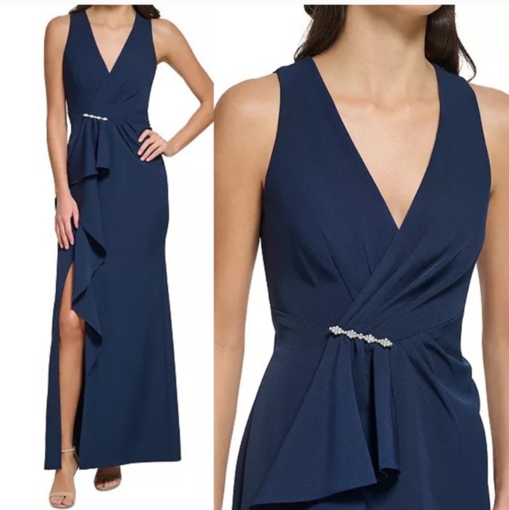 ELIZA J Ruffled Long Evening Dress Formal Gown Navy Blue NWOT